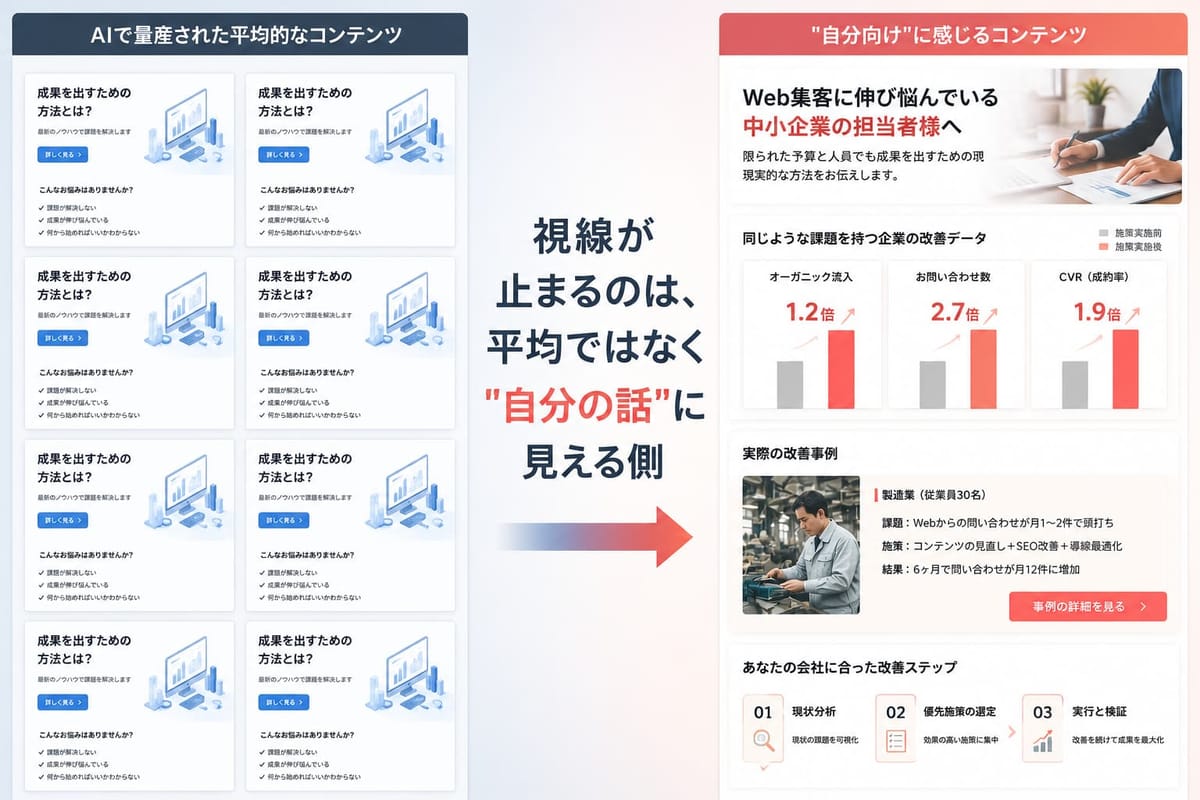 「AIで量産された平均的なコンテンツ」が同じ見た目で並ぶのに対し、「"自分向け"に感じるコンテンツ」は対象・改善データ・事例を示す。「視線が止まるのは、平均ではなく"自分の話"に見える側」